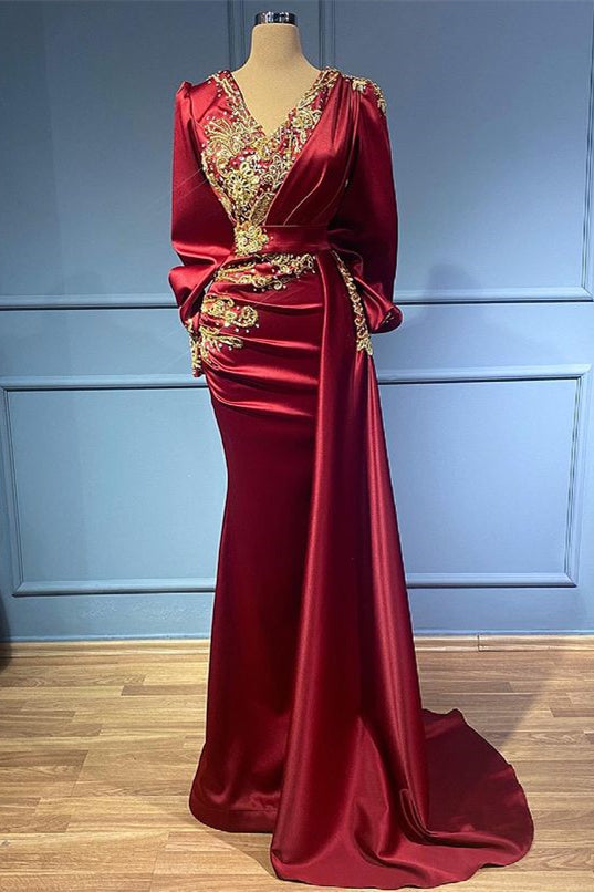 Burgundy Long Sleeves Mermaid Evening Dress with Beads, Ruffles, and Appliques