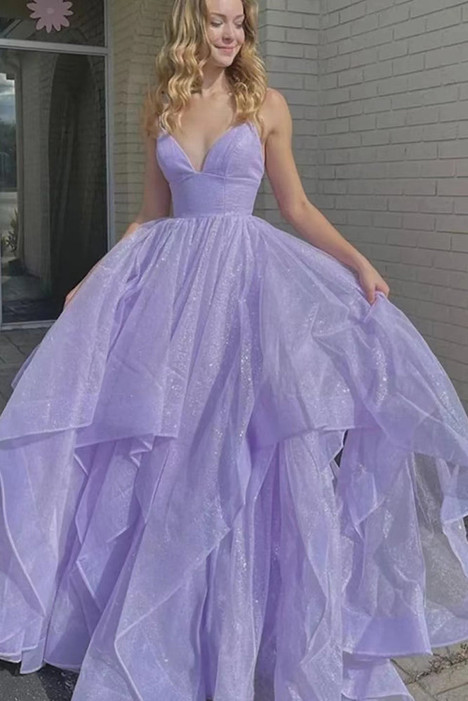 Lilac Spaghetti-Strap V-Neck A-Line Long Prom Dress with Tulle