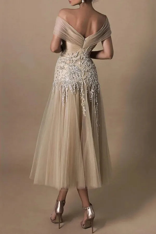 Champagne Off-the-Shoulder Bride Dress With Appliques