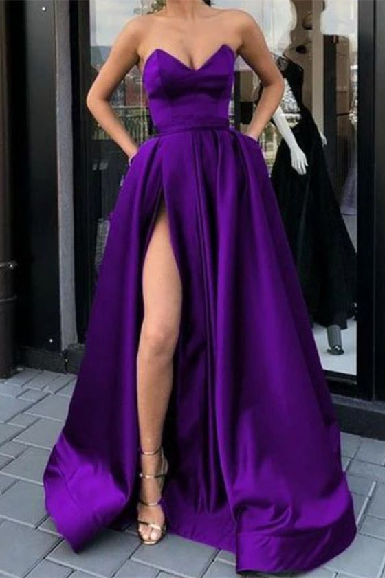 Purple Sweetheart Long Prom Dress with Split and Pockets