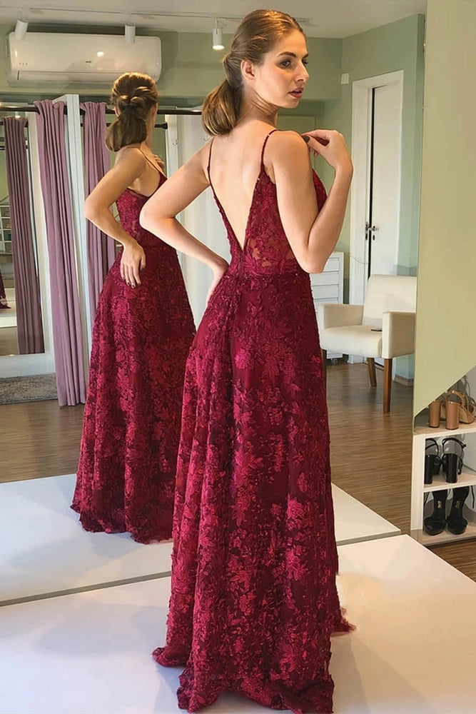 
                      
                        Deep V Neck and V Back Burgundy Lace Long Prom Dresses, Open Back Maroon Lace Formal Dresses, Burgundy Evening Dresses
                      
                    