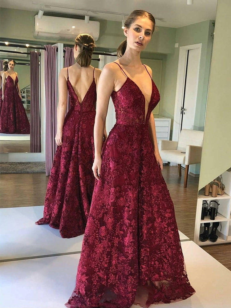 Deep V Neck and V Back Burgundy Lace Long Prom Dresses, Open Back Maroon Lace Formal Dresses, Burgundy Evening Dresses