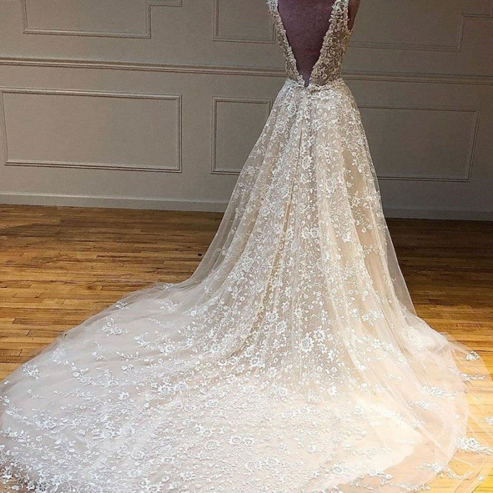 
                      
                        Deep V Neck and V Back Champagne Lace Long Wedding Dresses, Champagne Lace Prom Formal Evening Dresses
                      
                    