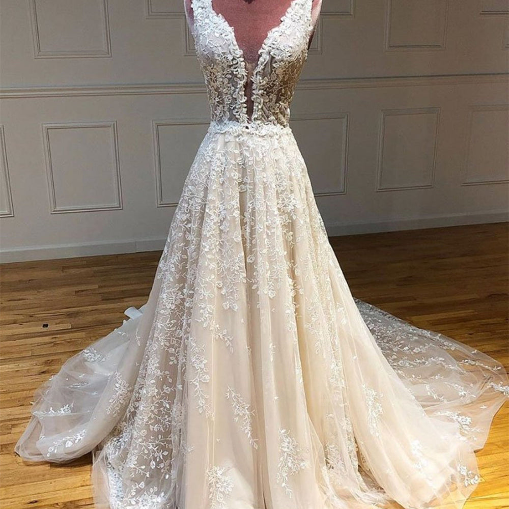 Deep V Neck and V Back Champagne Lace Long Wedding Dresses, Champagne Lace Prom Formal Evening Dresses