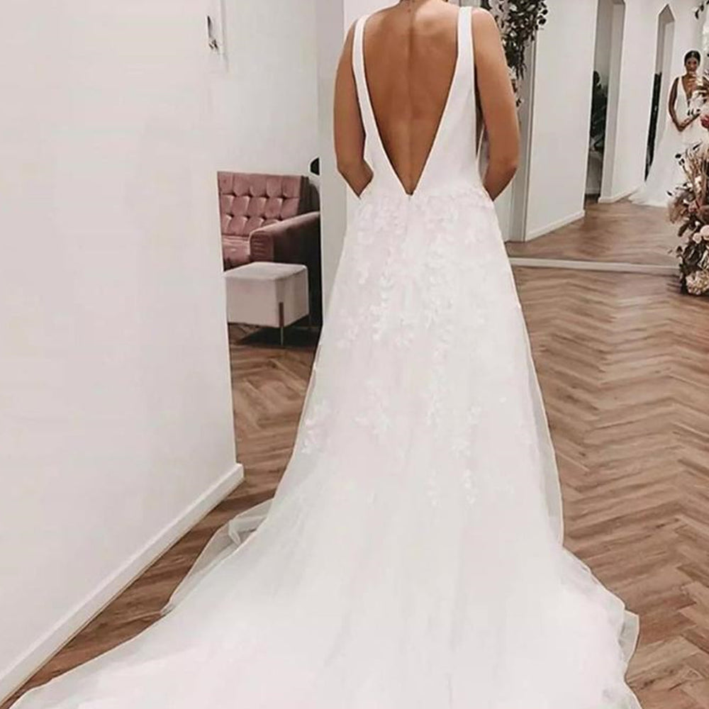 
                      
                        Deep V Neck and V Back White Lace Long Prom Wedding Dresses with Train, White Lace Formal Dresses, V Neck White Evening Dresses 
                      
                    