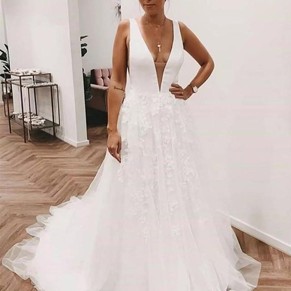 Deep V Neck and V Back White Lace Long Prom Wedding Dresses with Train, White Lace Formal Dresses, V Neck White Evening Dresses 