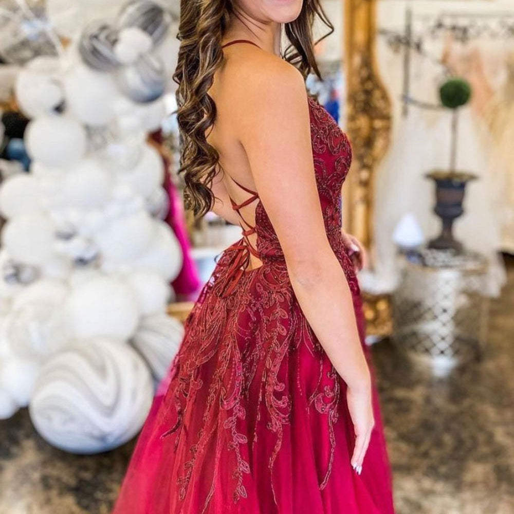 
                      
                        Deep V Neck Backless Burgundy Lace Long Prom Dresses, Long Burgundy Lace Formal Evening Dresses
                      
                    