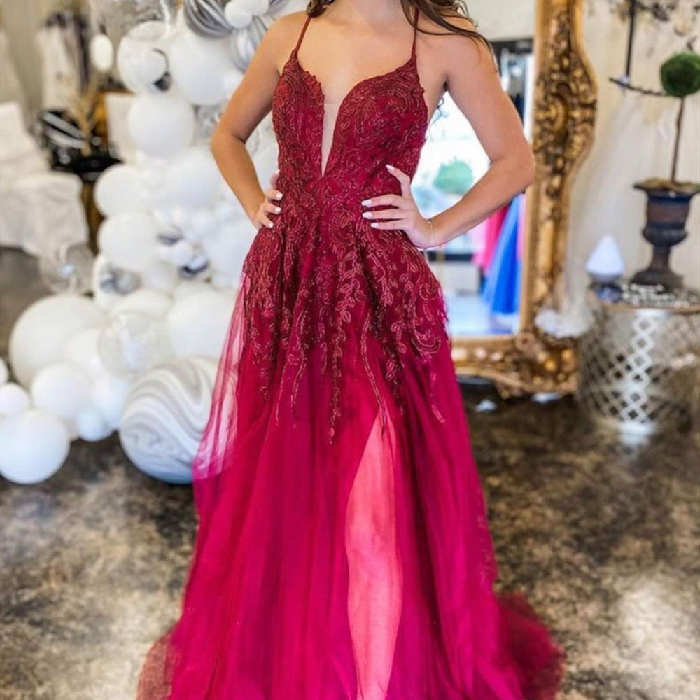 Deep V Neck Backless Burgundy Lace Long Prom Dresses, Long Burgundy Lace Formal Evening Dresses