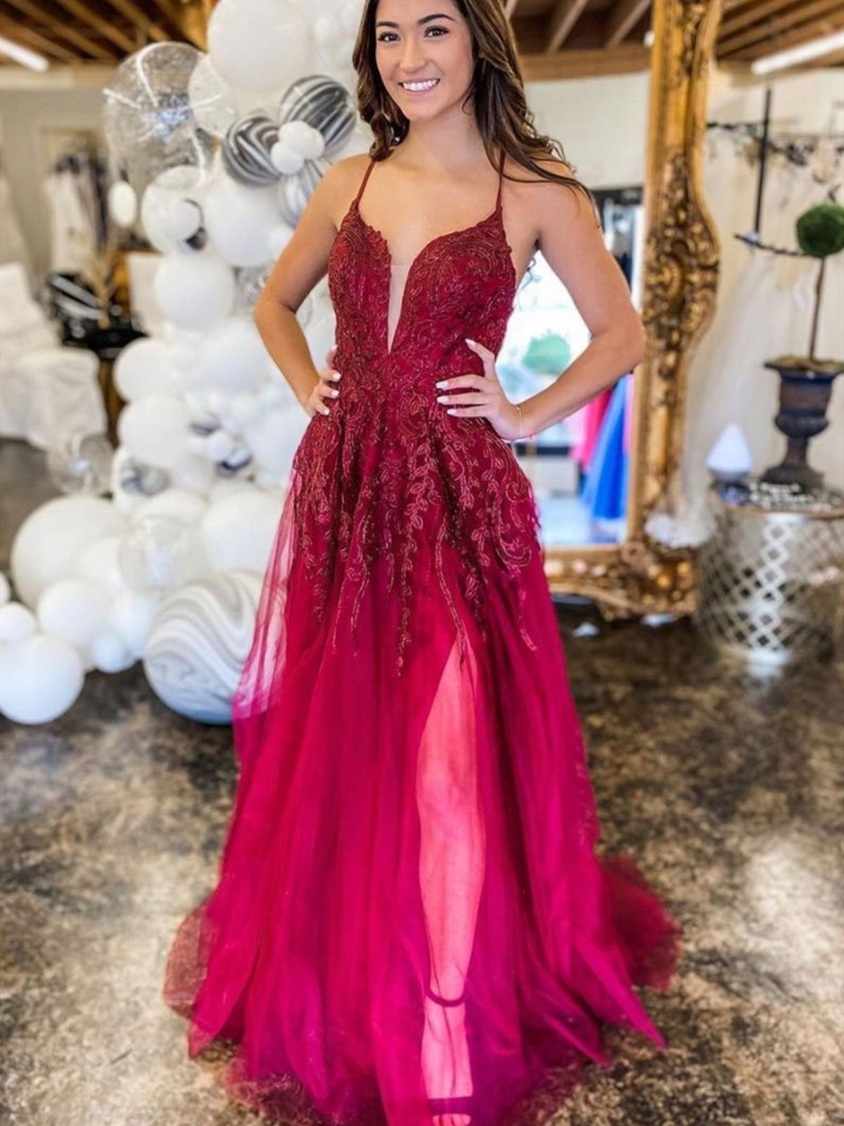 Deep V Neck Backless Burgundy Lace Long Prom Dresses, Long Burgundy Lace Formal Evening Dresses