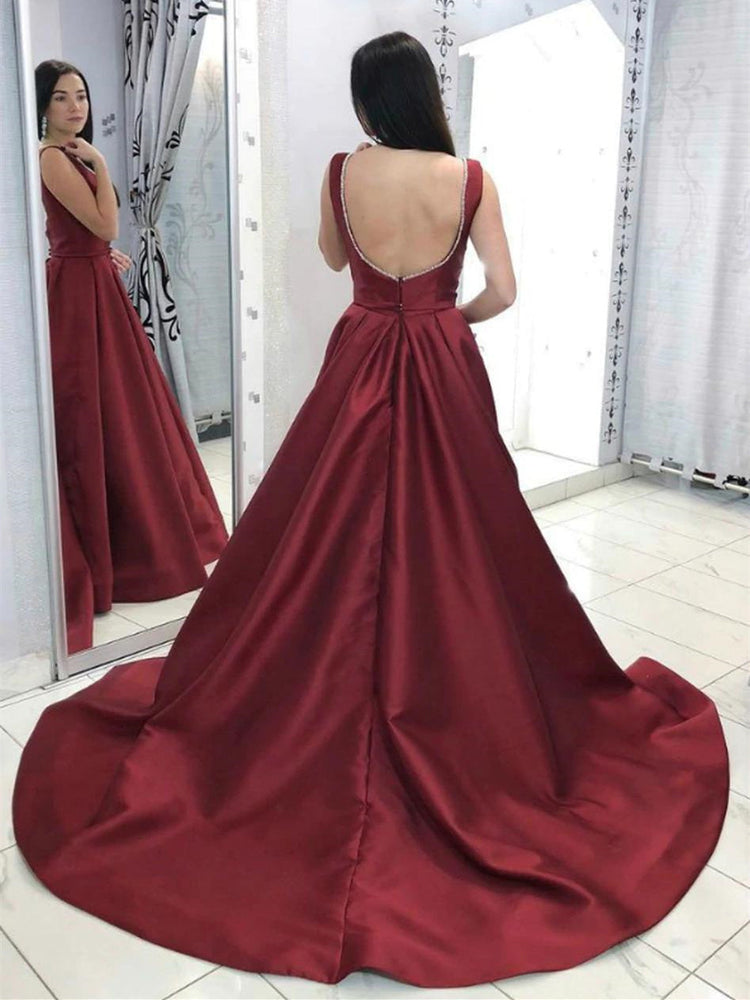 
                      
                        Deep V Neck Backless Burgundy Satin Long Prom Dresses, Backless Burgundy Formal Dresses, Burgundy Evening Dresses
                      
                    