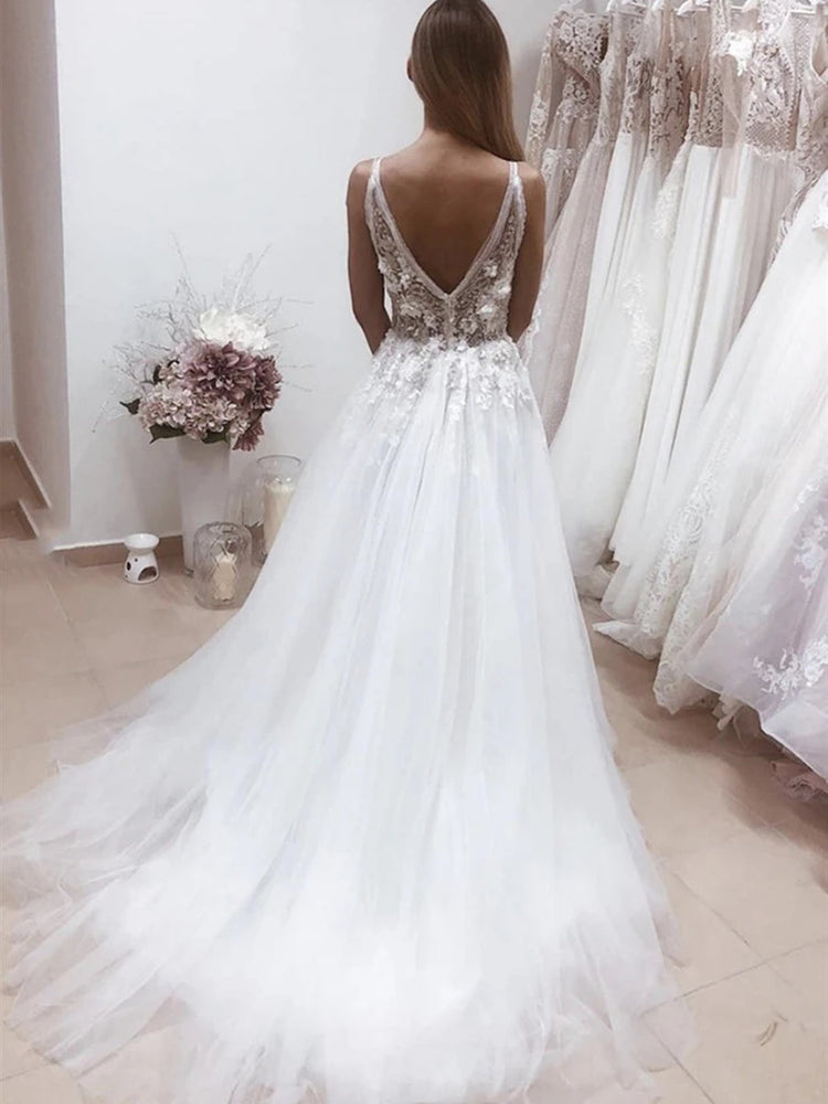 
                      
                        Deep V Neck Backless White Lace Appliques Long Prom Dresses, White lace Wedding Dresses, White Formal Evening Dresses
                      
                    