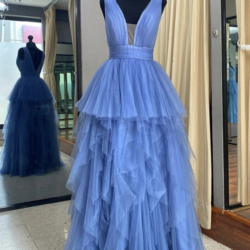 Deep V Neck Blue Layered Long Prom Dresses, Long Blue Formal Evening Dresses