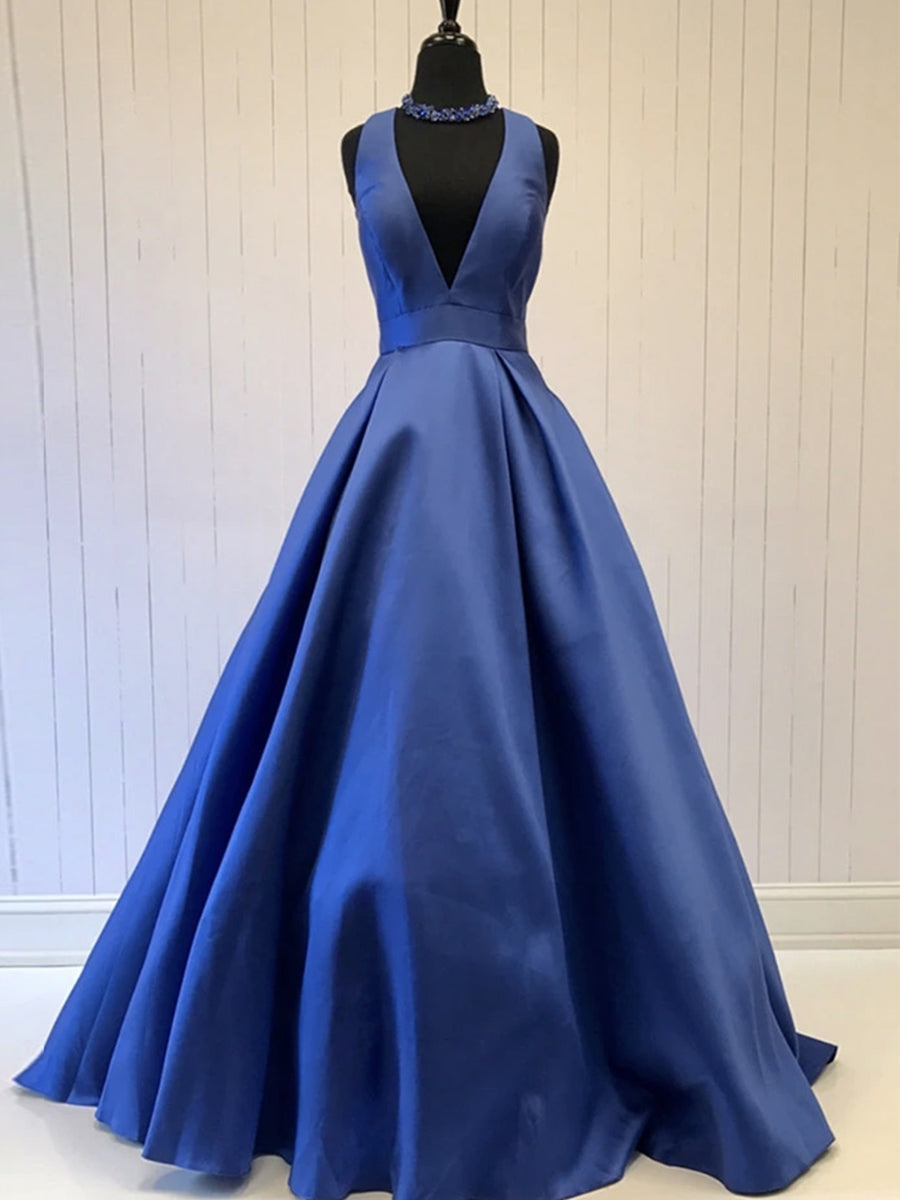 Deep V Neck Blue Satin Long Prom Dresses, Blue Formal Graduation Evening Dresses, Party Dresses