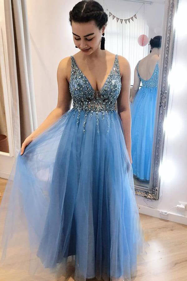 Deep V Neck Blue Tulle Beading Long Prom Dress