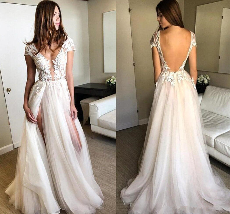 
                      
                        Deep V Neck Cap Sleeves Backless Tulle Lace Wedding Dresses with Appliques, Lace Prom Dresses, Formal Dresses
                      
                    