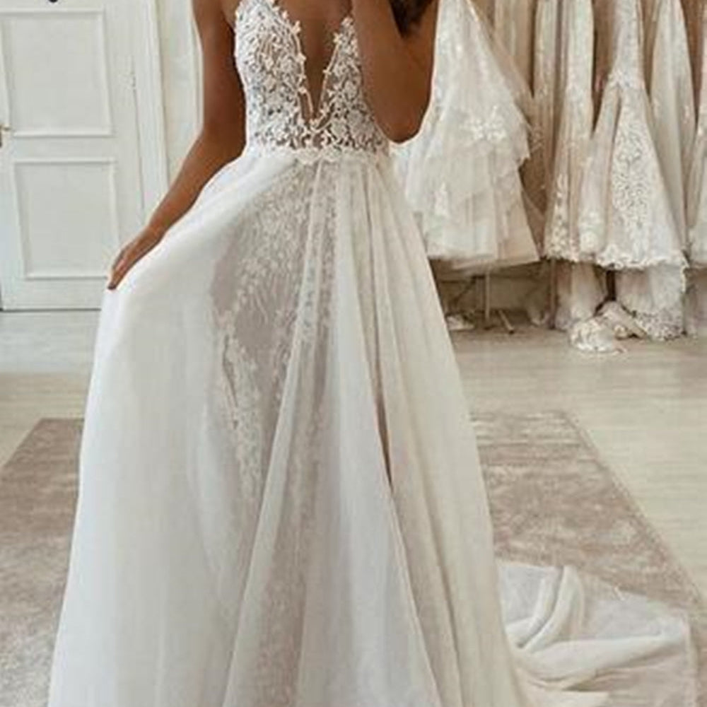 
                      
                        Deep V Neck Ivory Lace Long Wedding Dresses, White Lace Formal Evening Prom Dresses with High Split
                      
                    