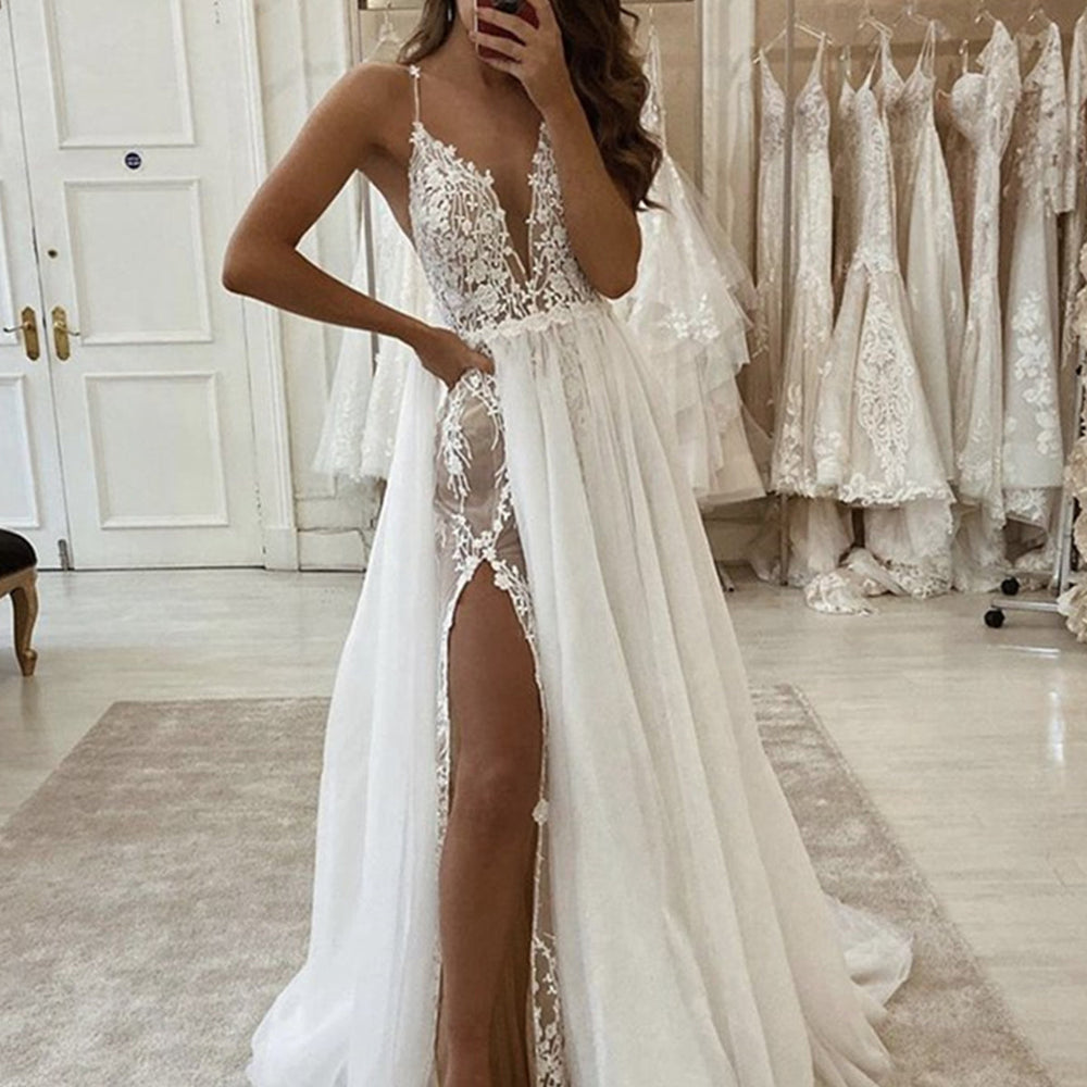 Deep V Neck Ivory Lace Long Wedding Dresses, White Lace Formal Evening Prom Dresses with High Split