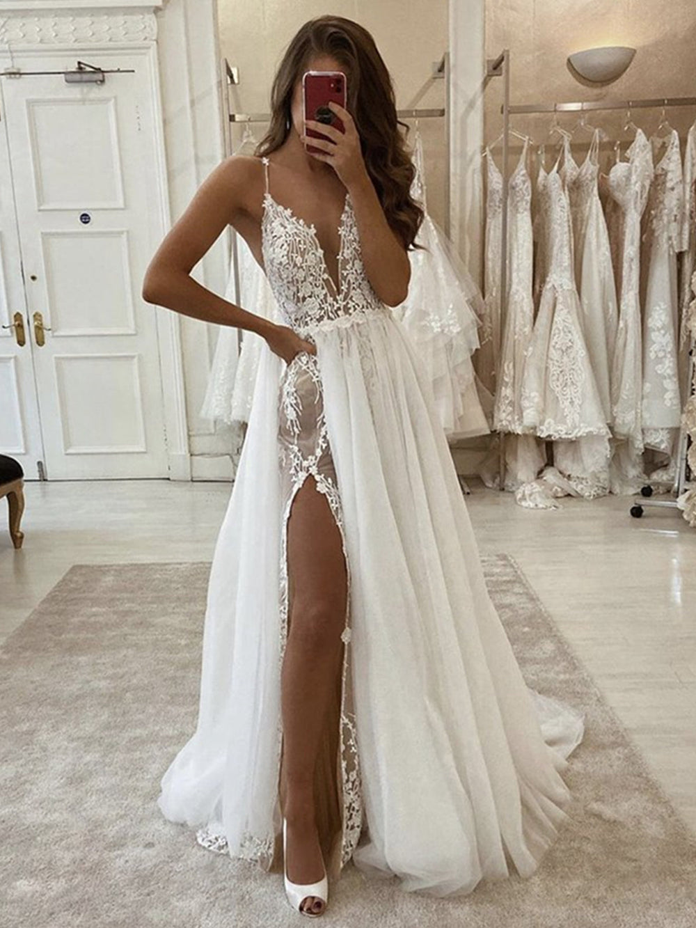 Deep V Neck Ivory Lace Long Wedding Dresses, White Lace Formal Evening Prom Dresses with High Split