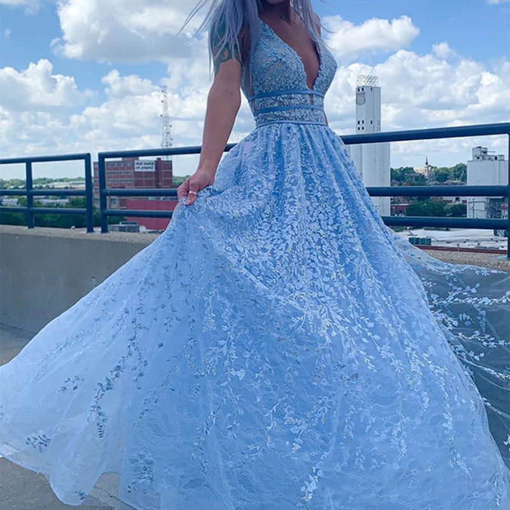 
                      
                        Deep V Neck Light Blue Lace Long Prom Dresses, Light Blue Lace Formal Graduation Evening Dresses 
                      
                    