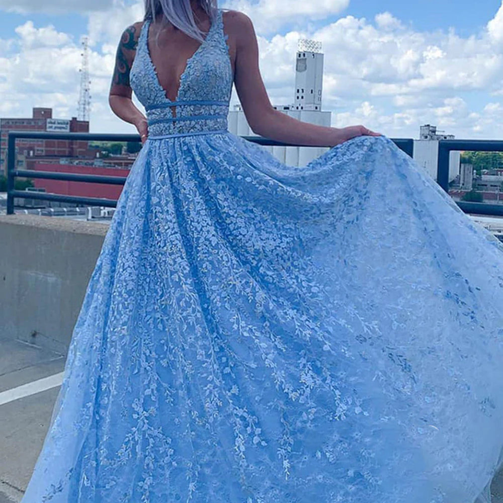 
                      
                        Deep V Neck Light Blue Lace Long Prom Dresses, Light Blue Lace Formal Graduation Evening Dresses 
                      
                    