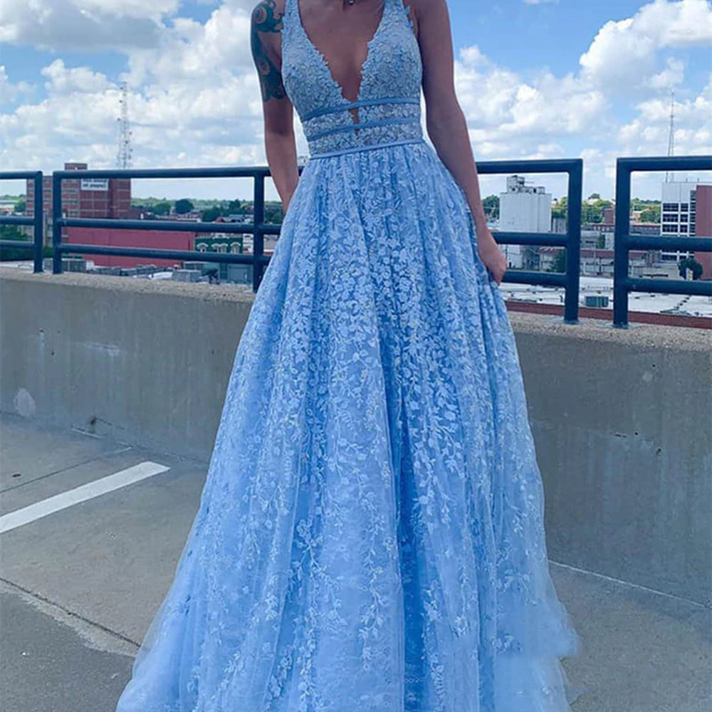 Deep V Neck Light Blue Lace Long Prom Dresses, Light Blue Lace Formal Graduation Evening Dresses 