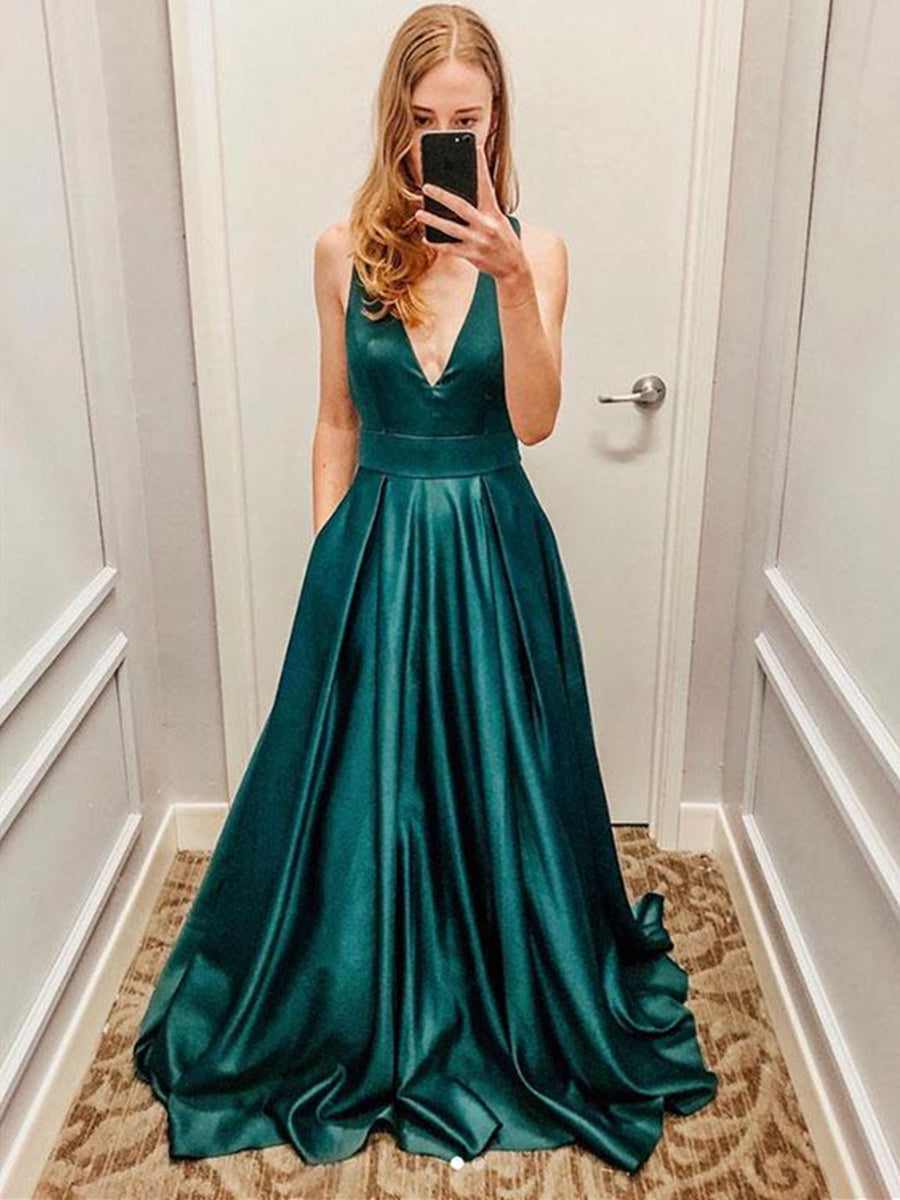 Deep V Neck Open Back Green Satin Long Prom Dresses, Long V Neck Green Formal Graduation Evening Dresses