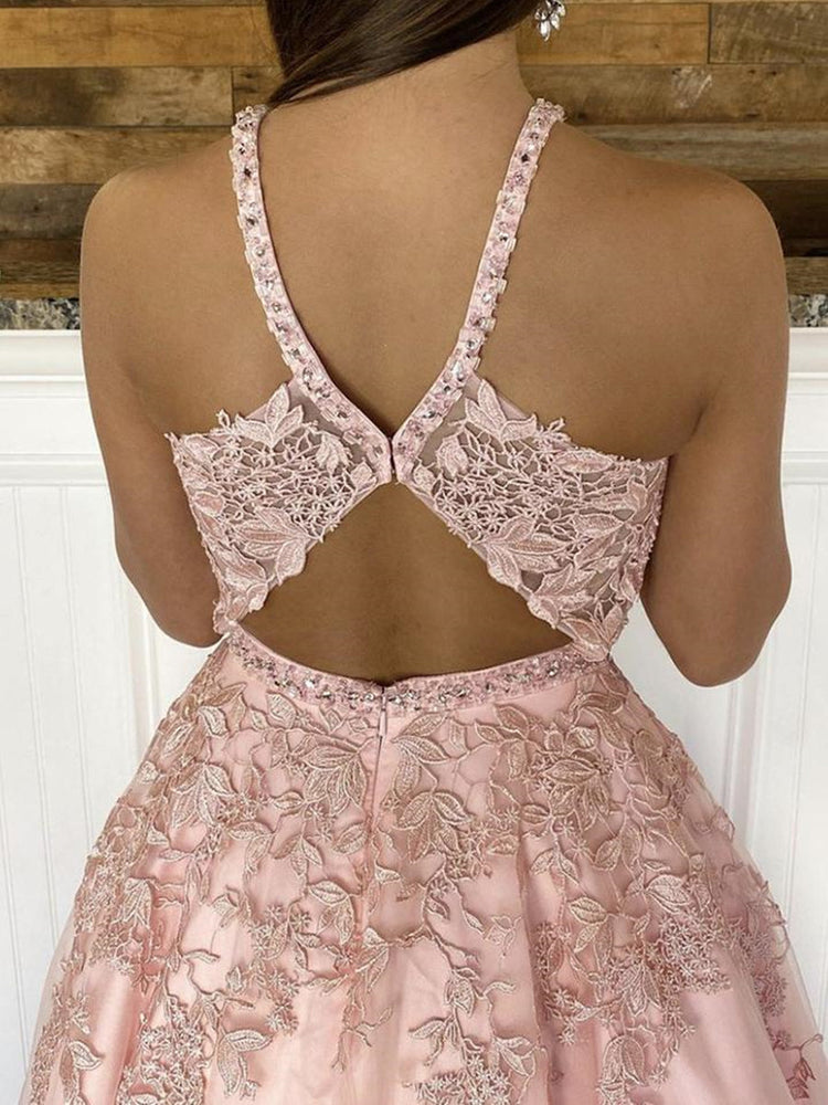 
                      
                        Deep V Neck Pink Lace Long Prom Dresses, Pink Lace Formal Dresses, Pink Evening Dresses
                      
                    