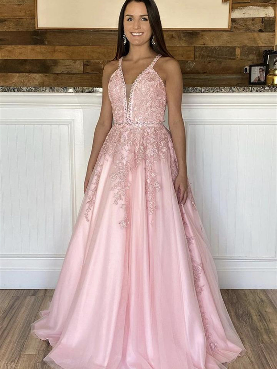 Deep V Neck Pink Lace Long Prom Dresses, Pink Lace Formal Dresses, Pink Evening Dresses