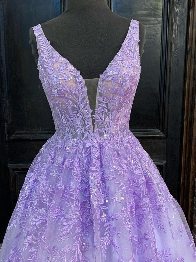 
                      
                        Deep V Neck Purple Lace Long Prom Dresses, Purple Lace Formal Graduation Evening Dresses
                      
                    