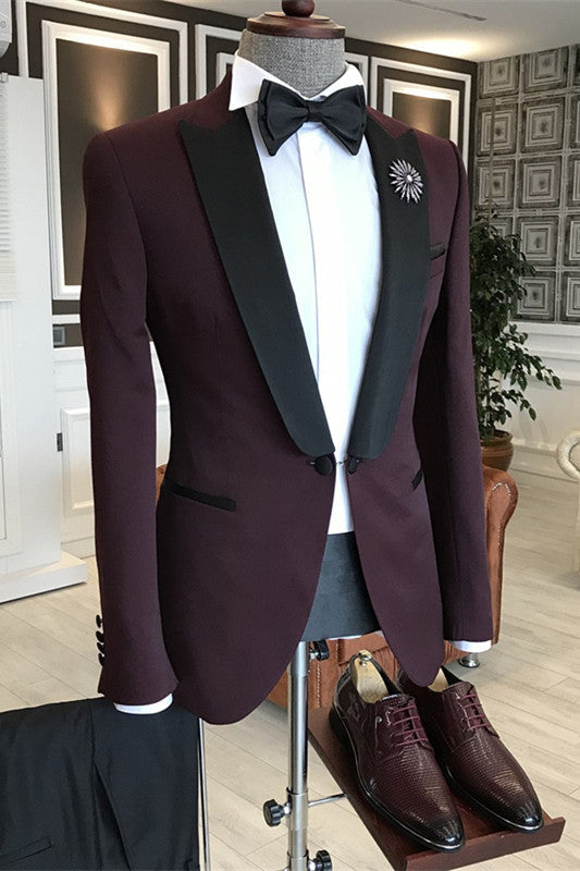 Dean Deep Wine Peaked Lapel Two Pieces Slim Suits For Prom