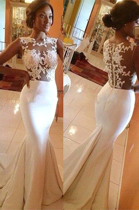 White Sleeveless Mermaid Prom Dress with Appliques