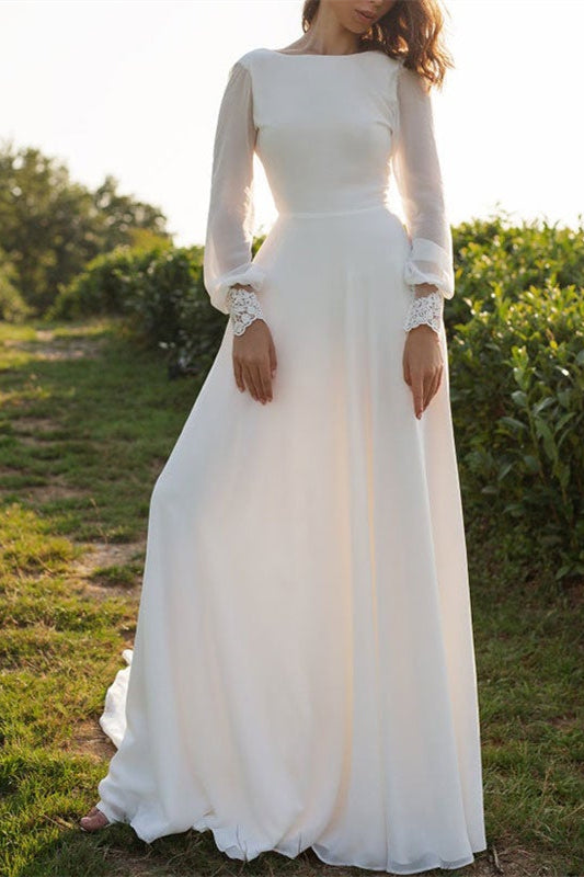 Long Sleeve Backless Chiffon Wedding Dress