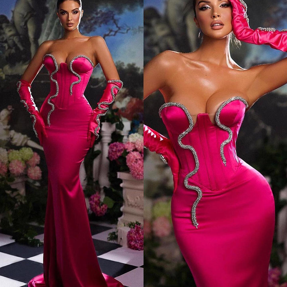 
                      
                        Pink Strapless Mermaid Prom Dress Long with Gloves
                      
                    