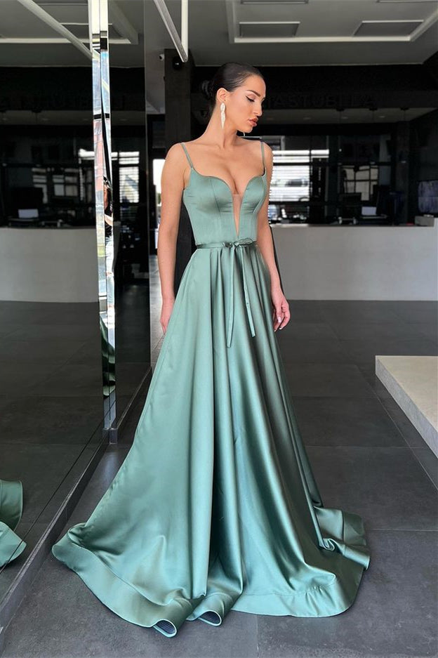 Sage Spaghetti-Strap A-Line Long Prom Dress with Belt