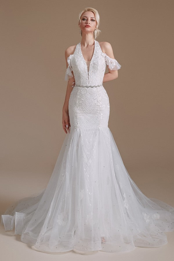 Elegant Long Mermaid Halter Tulle Floor-Length Wedding Dress with Lace Appliques