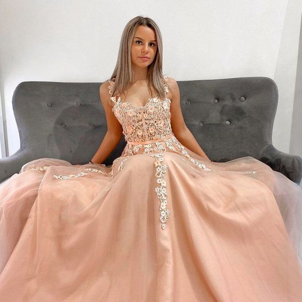 Double Straps Champagne Lace Long Prom Dresses, Long Champagne Lace Floral Formal Dresses, Champagne Evening Dresses