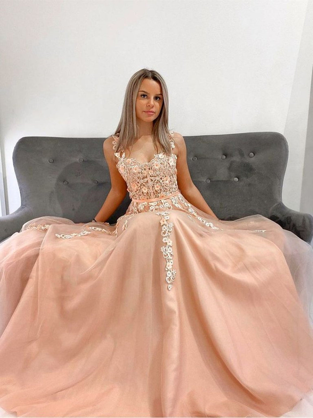 Double Straps Champagne Lace Long Prom Dresses, Long Champagne Lace Floral Formal Dresses, Champagne Evening Dresses