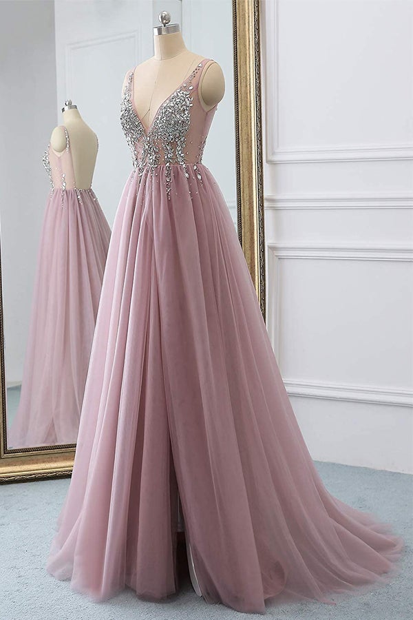 
                      
                        Dusty Pink Tulle Silver Beading Long Prom Dress
                      
                    