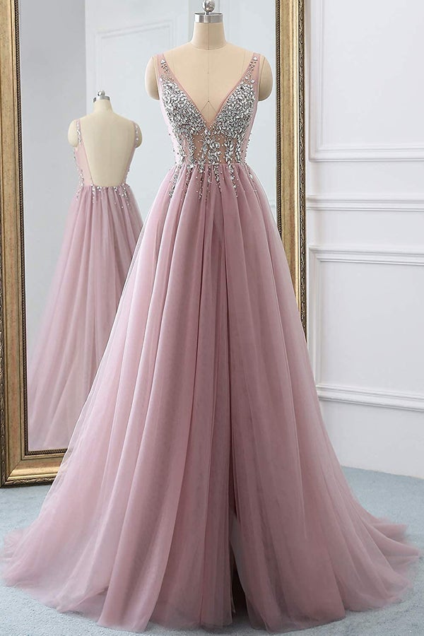 Dusty Pink Tulle Silver Beading Long Prom Dress