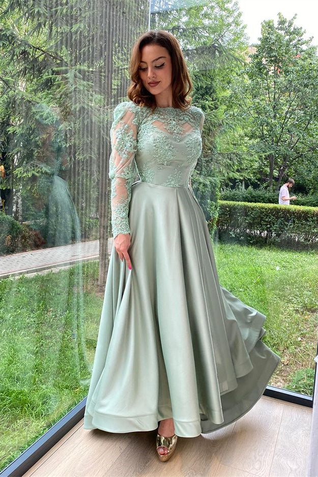 
                      
                        Dusty Sage Lace-Trimmed Evening Gown with Dramatic Split
                      
                    