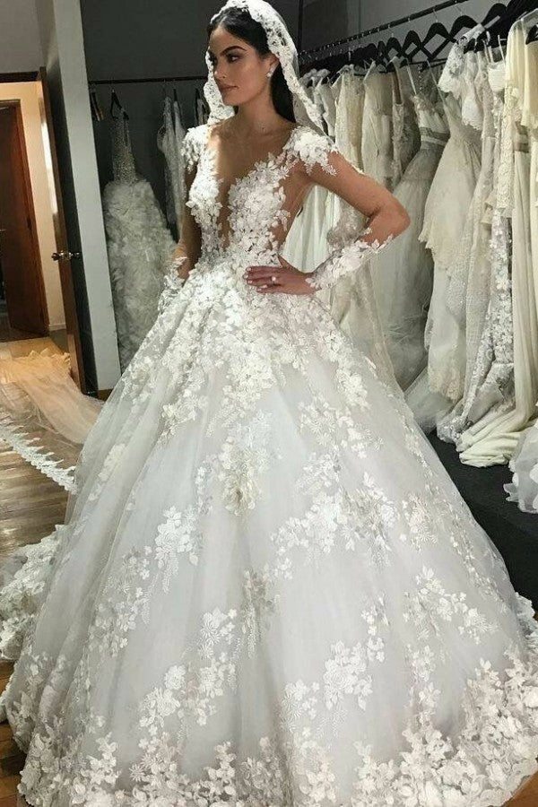 Bateau Long Sleeve Backless Floor-Length Princess Wedding Dress with Lace Appliques and Ruffles