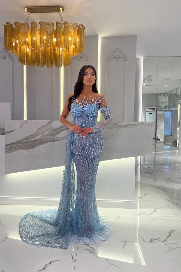 Baby Blue Strapless Beaded Mermaid Prom Dress