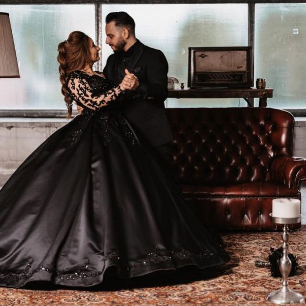 
                      
                        Black Long Ball Gown Wedding Dress With Sleeves
                      
                    