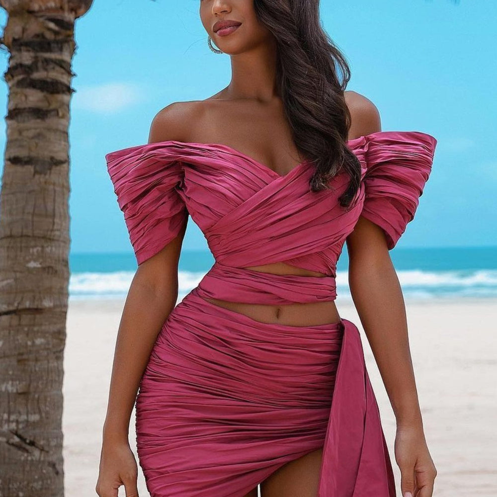 Rose Prom Dress Off-the-Shoulder Pleated Short with Trail