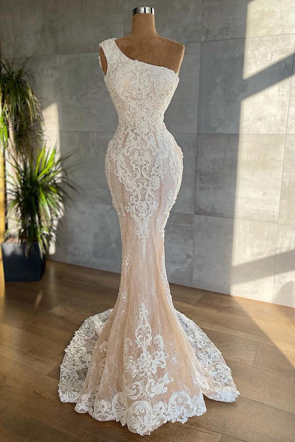 Elegant One Shoulder Floor-Length Mermaid Wedding Dress with Lace Appliques