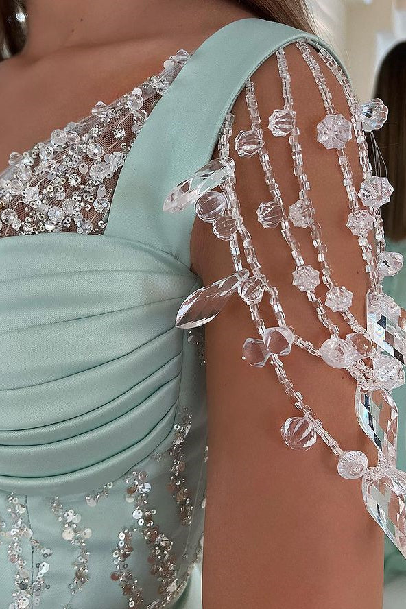 
                      
                        Amazing Mint Green Cap Sleeves Prom Dress Long with Buttons and Beads
                      
                    