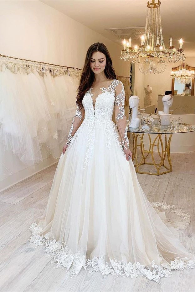 Sweetheart Long Sleeve Tulle Wedding Dress with Lace