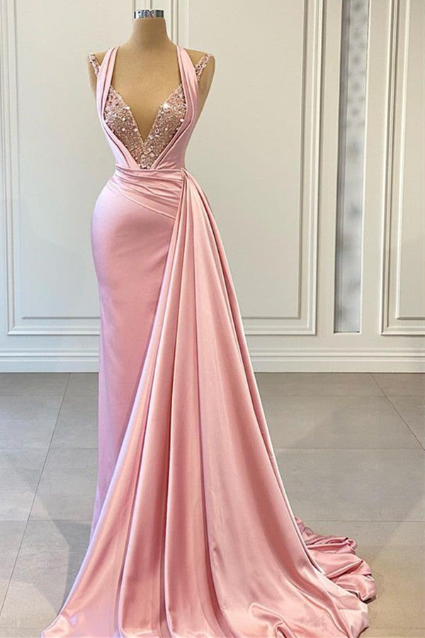 
                      
                        Elegant Pink Halter Mermaid Prom Dress with Shining V Neck
                      
                    