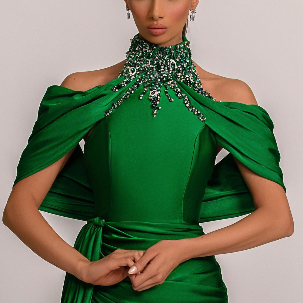 
                      
                        Sage Green Prom Dress with Pleated Halter, Split, and Rhinestone
                      
                    