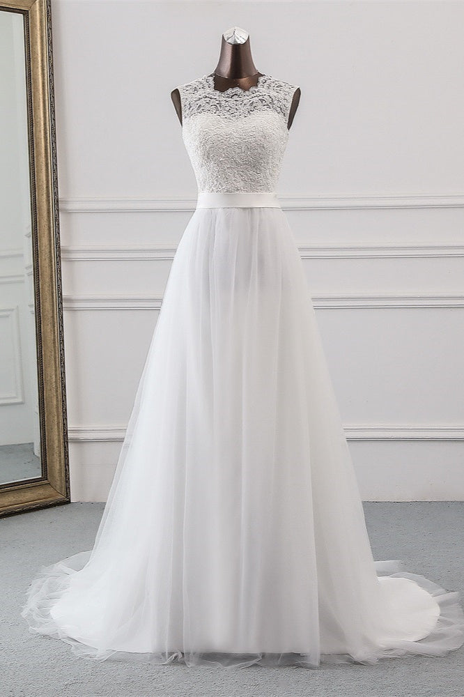 Jewel Neck A-Line Tulle Wedding Dress with Lace Appliques